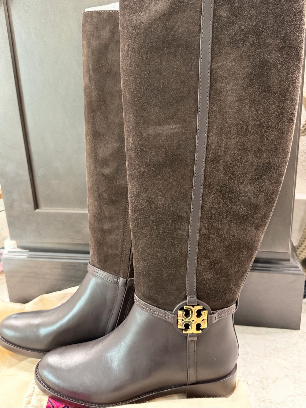 Tory Burch Brown Leather & Suede Knee-High Boots with Gold Logo